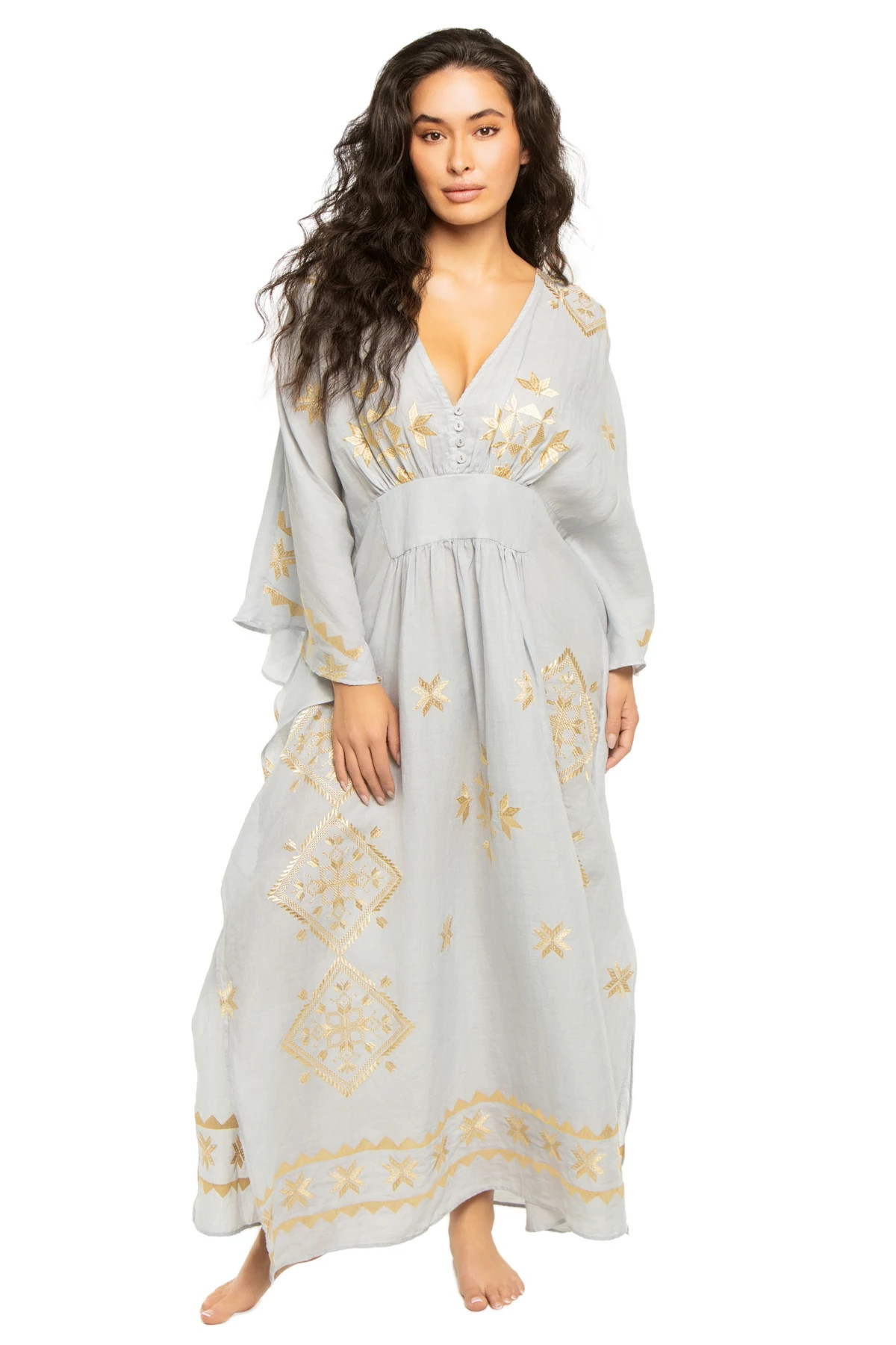 LIGHT GREY GOLD Embroidered Metallic V-Neck Maxi Dress image number 1