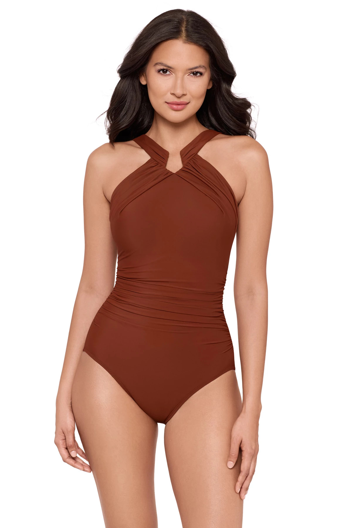 COPPER BROWN Aphrodite High Neck Notched One Piece Swimsuit image number 1