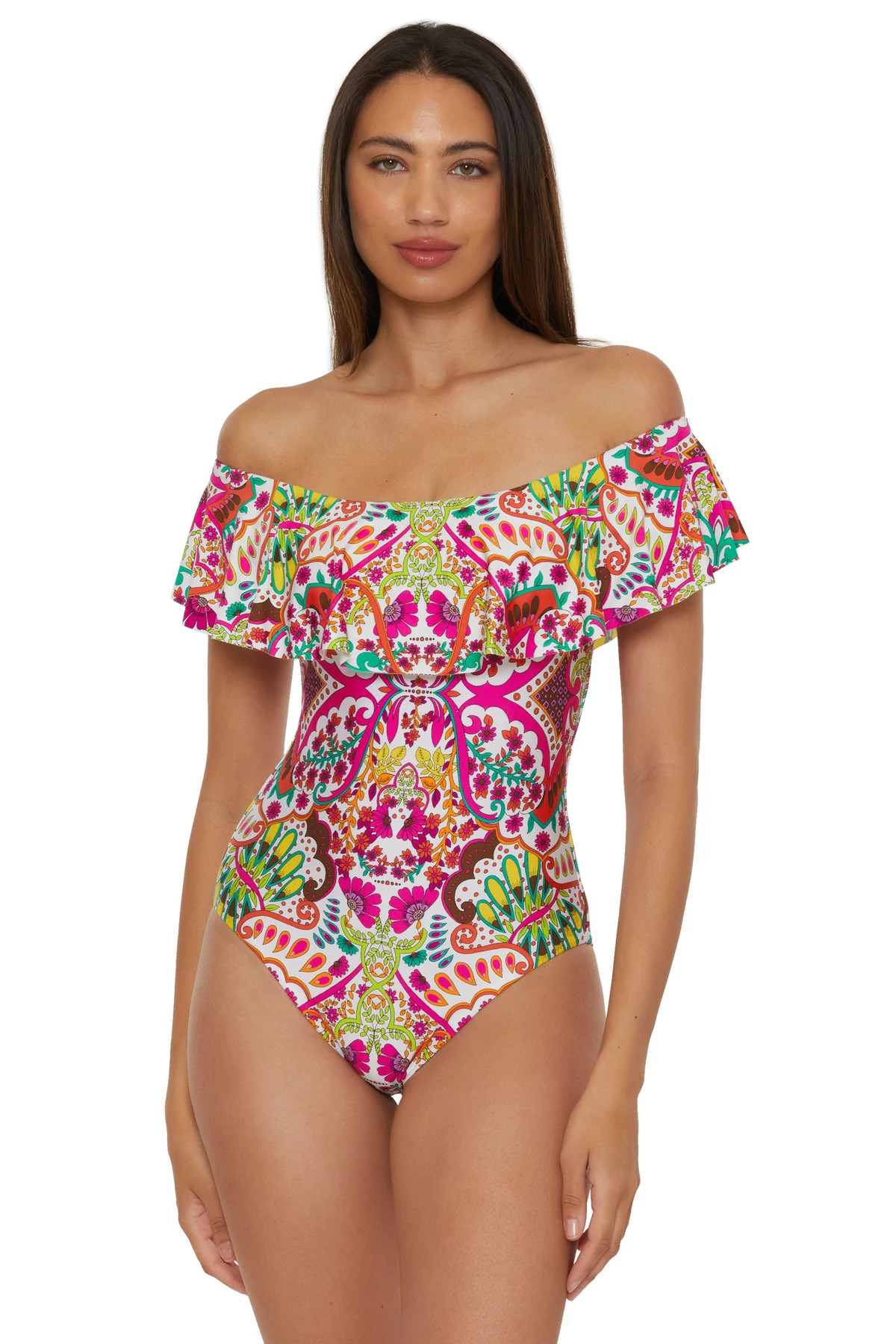 MULTI Off The Shoulder Ruffle One Piece Swimsuit image number 1