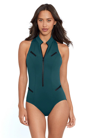 PALM GREEN Coco Zip-Front Racerback One Piece Swimsuit