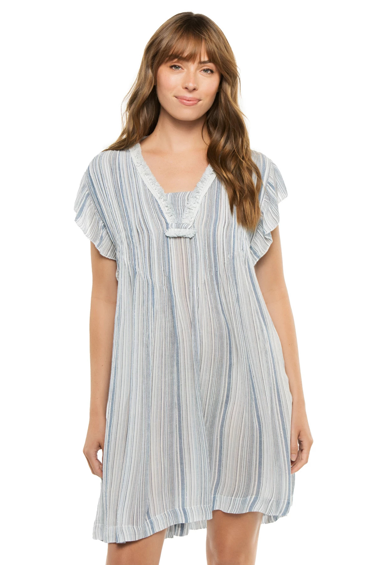 BLUE/WHITE/SILVER Stripe Short Sleeve Mini Dress image number 1