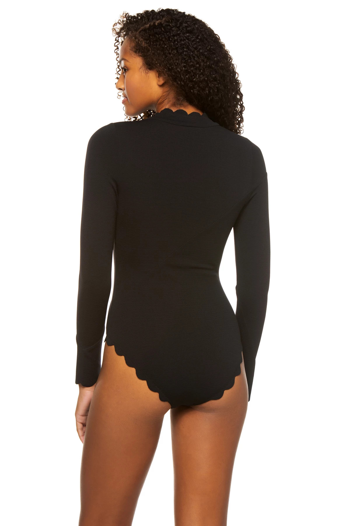 BLACK Long Sleeve Scallop One Piece image number 2