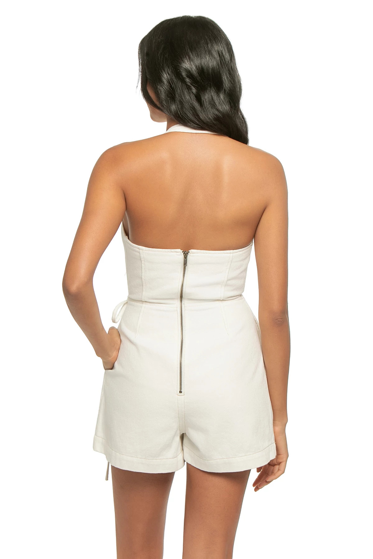 WHITE Cover Denim Wrap Halter Romper image number 2