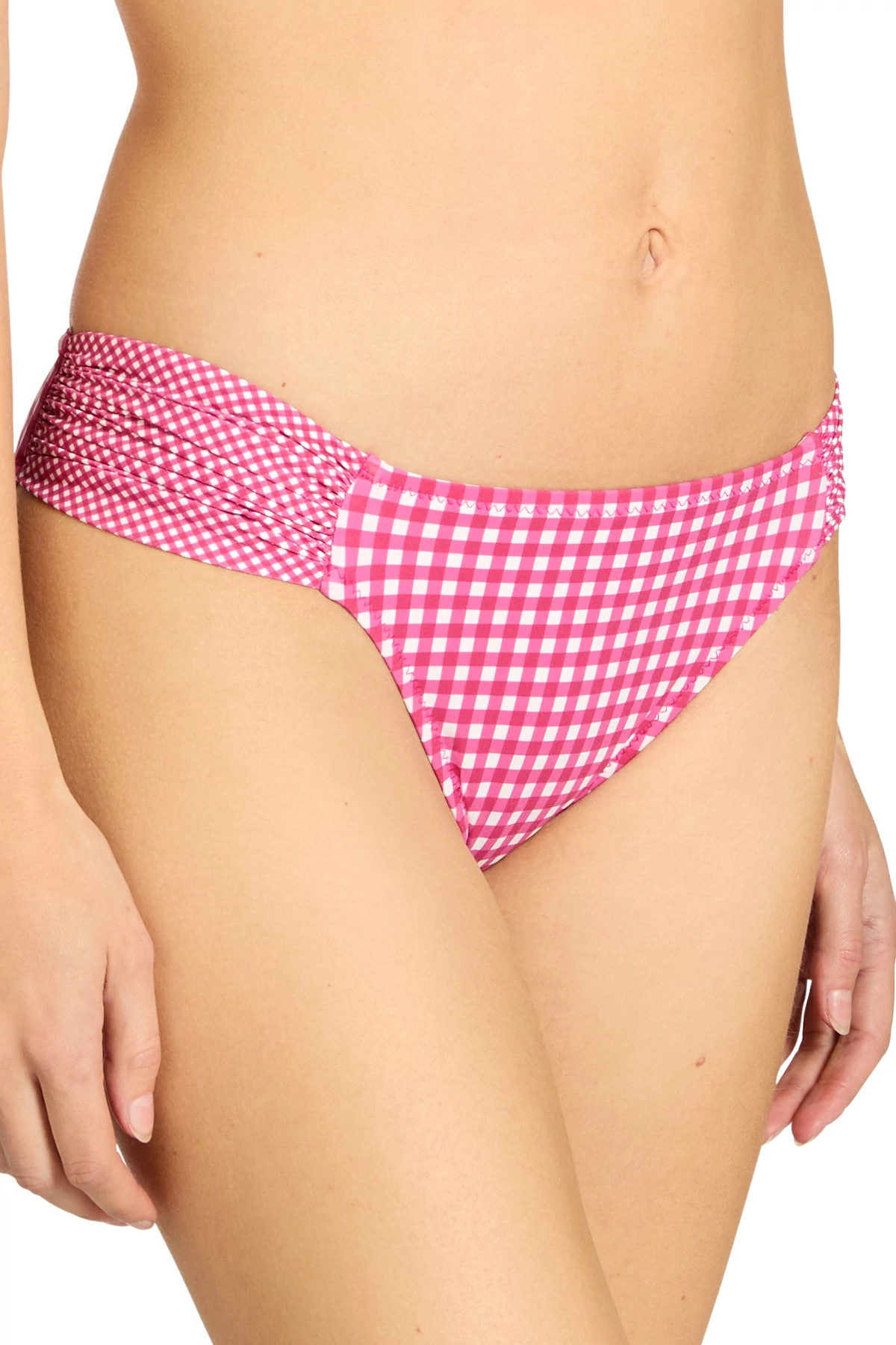 DRAGON FRUIT/CREAM Brigitte Ruched Gingham Bikini Bottom image number 3