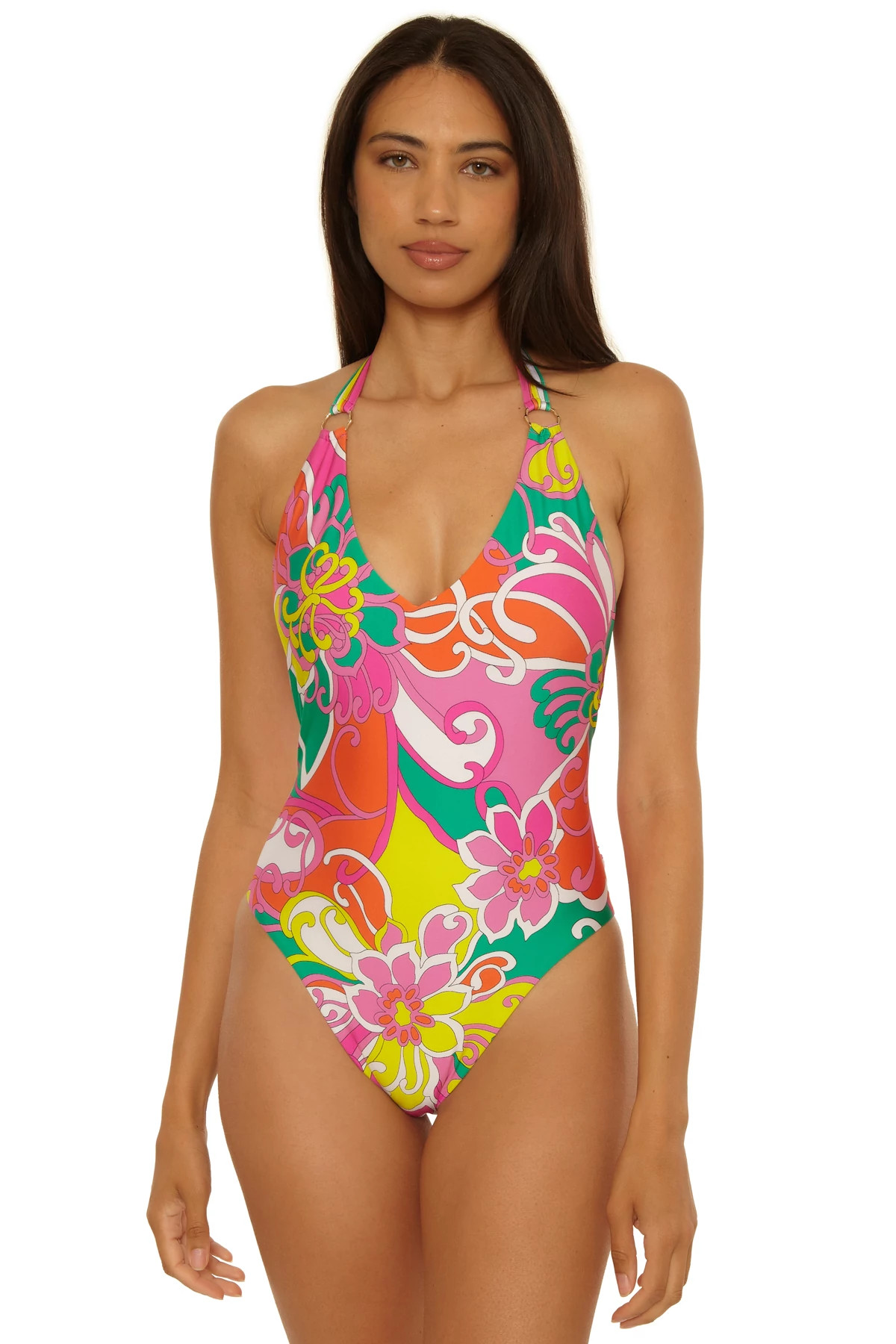 MULTI Elara Floral Plunge One Piece Swimsuit image number 1