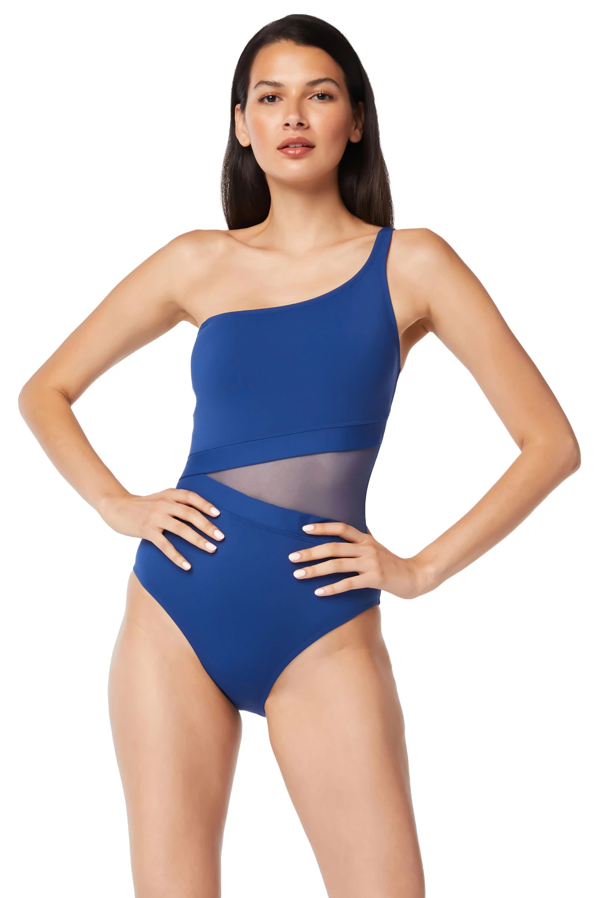 NAVY Asymmetrical Mesh One Piece Swimsuit image number 1