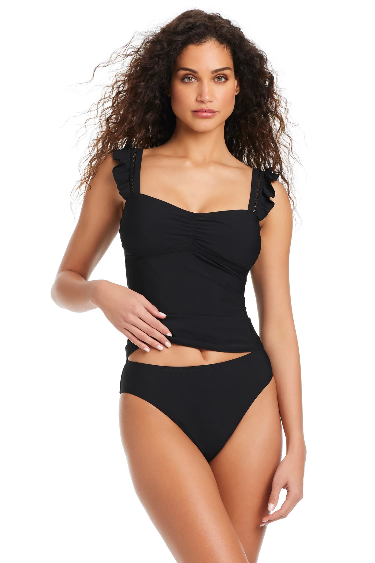 BLACK Ruffle Strap Tankini Top image number 3