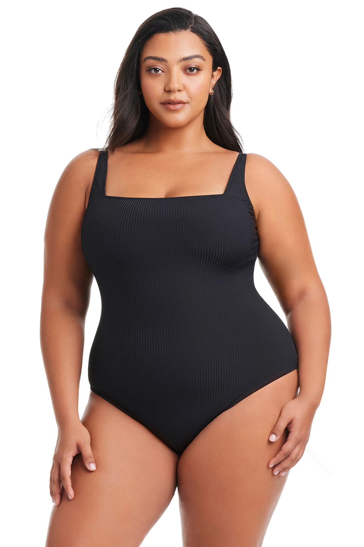 BLACK Square Neck Ribbed One Piece Swimsuit image number 1
