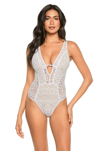 WHITE/TAN Show & Tell Plunge One Piece Swimsuit