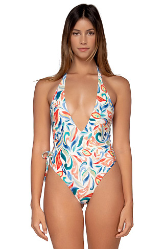 SICILIAN SWIRL Sunburst Plunge Halter One Piece Swimsuit