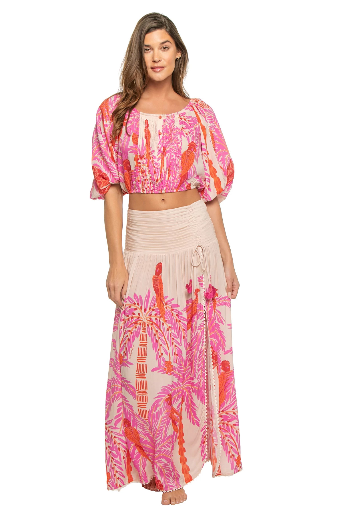 PINK PALMROTT Bova Print Puff Sleeve Crop Top image number 1