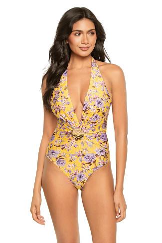 YELLOW Peony Plunge One Piece Swimsuit