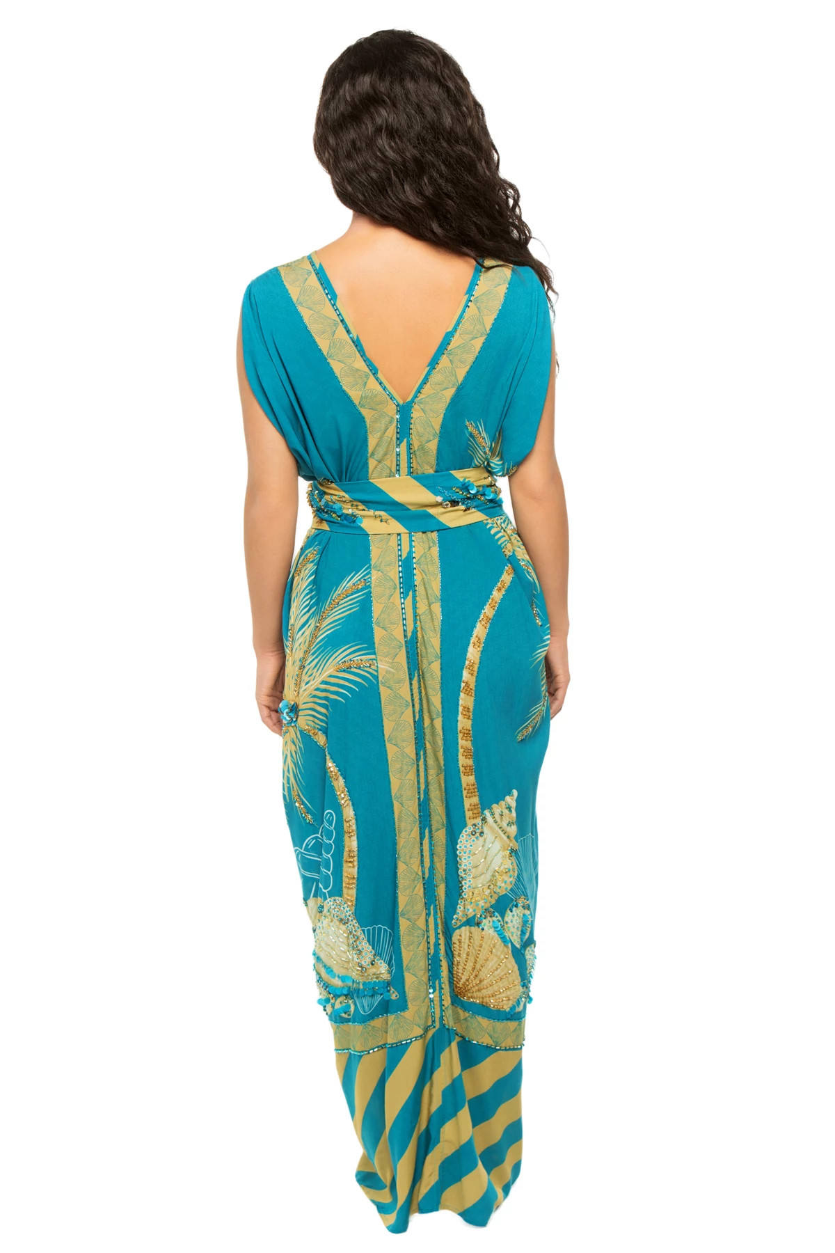 TEAL AND SAND PALM PANEL Beaded Caftan Dress image number 2