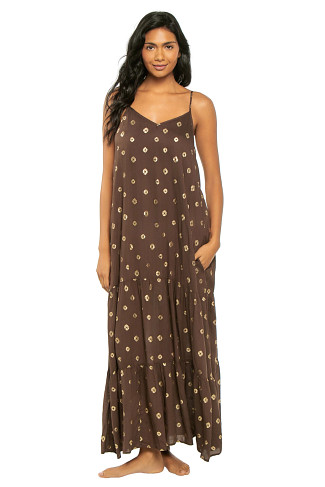 BROWN POLKA Spaghetti Strap Maxi Dress