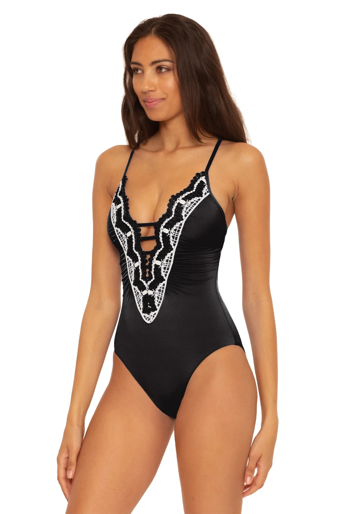 BLACK Clare Crochet Plunge One Piece Swimsuit image number 3