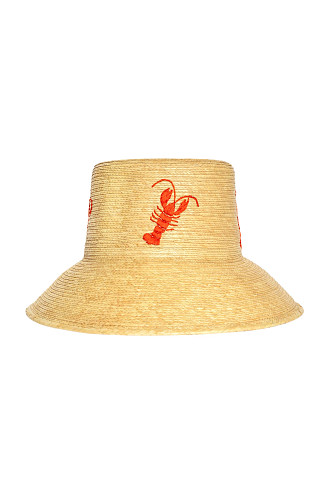 NATURAL Lobster Embroidered Straw Bucket Hat