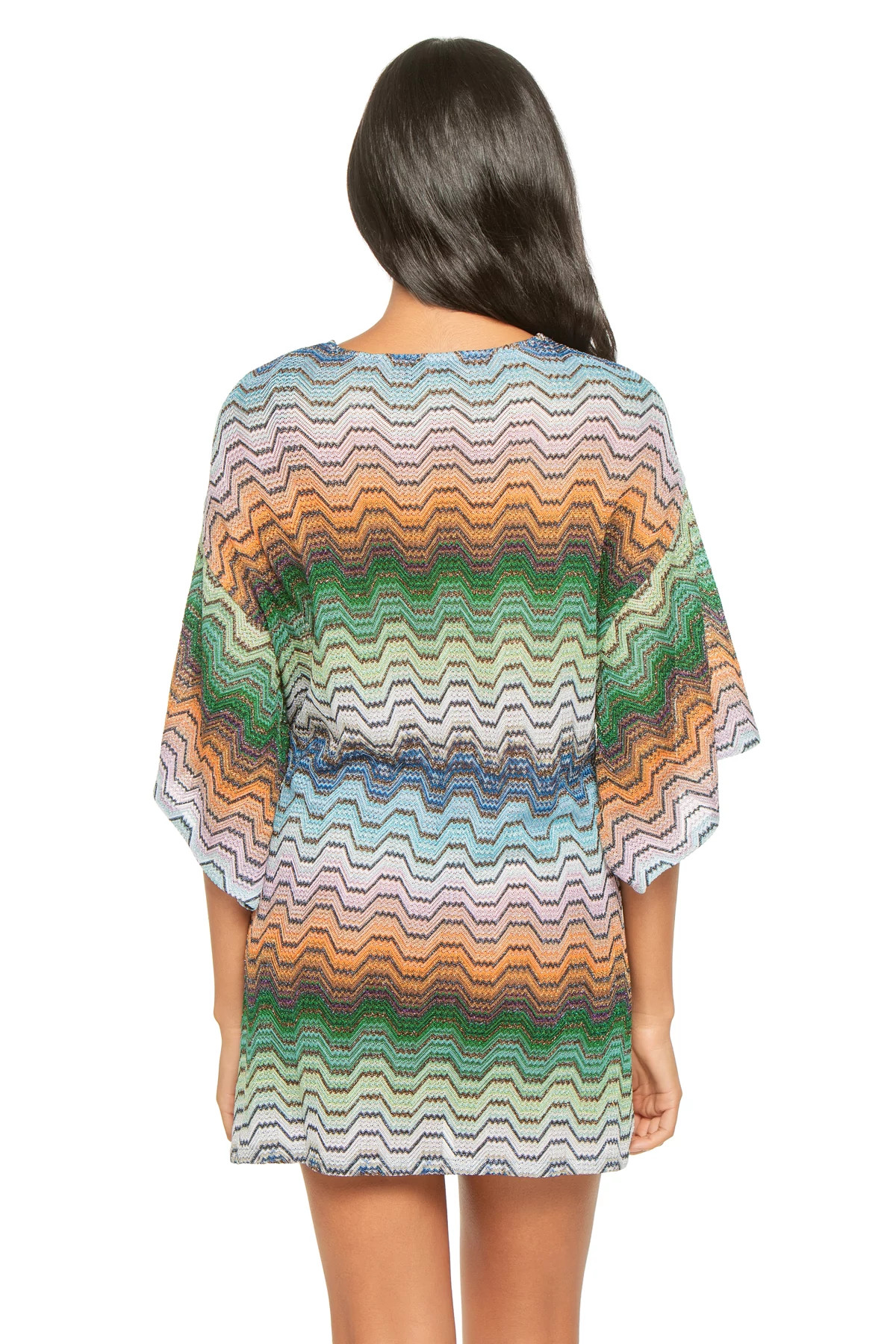 MULTI BLACK GREEN ORANGE Chevron Lace-Up Plunge Mini Dress image number 2
