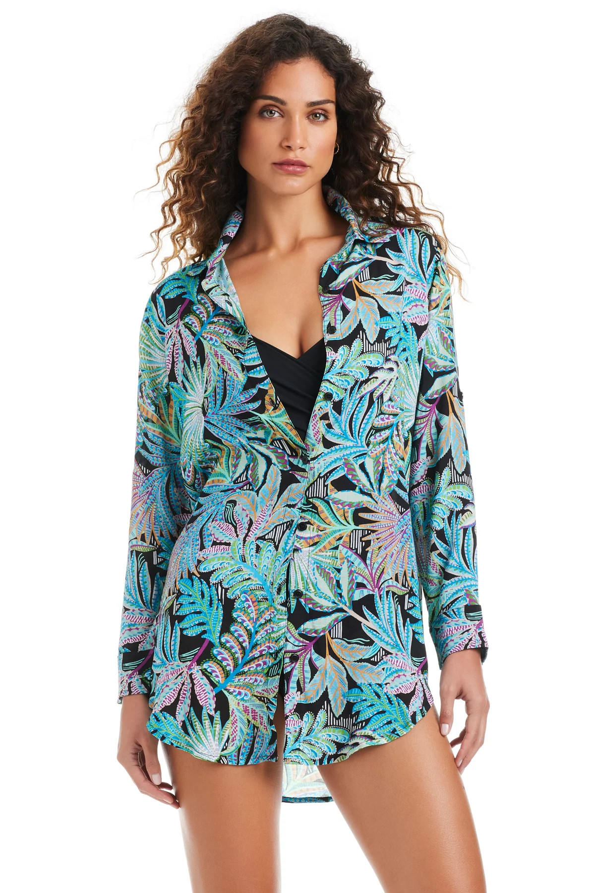 BLACK MULTI Button Down Shirt Dress image number 1