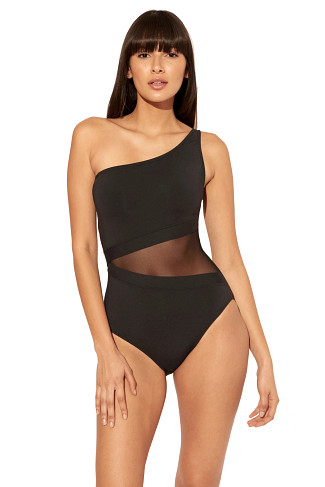 BLACK Mesh Inset Asymmetrical One Piece Swimsuit