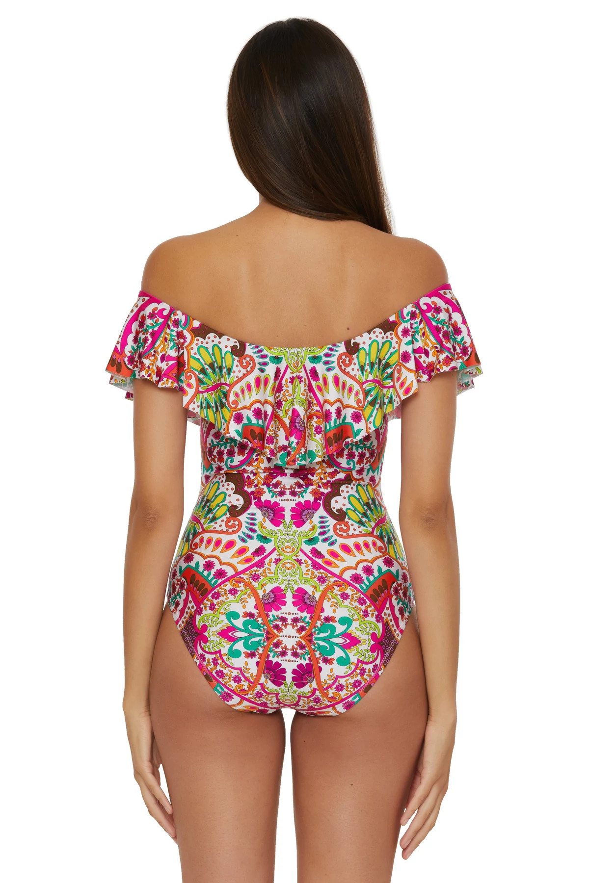 MULTI Off The Shoulder Ruffle One Piece Swimsuit image number 2