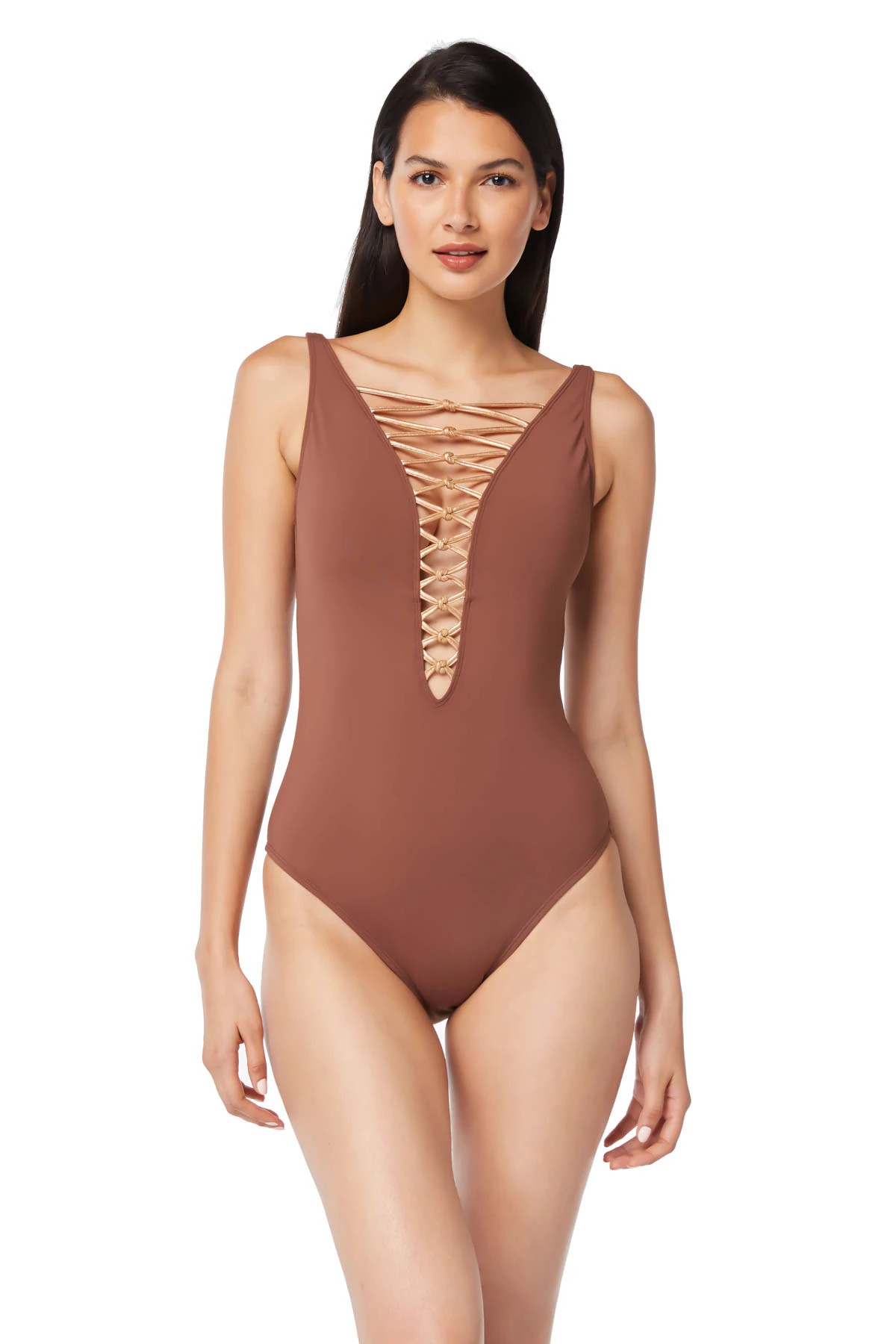 CHOCOLATE TRUFFLE/ROSE GOLD Lace Up Plunge One Piece Swimsuit image number 1