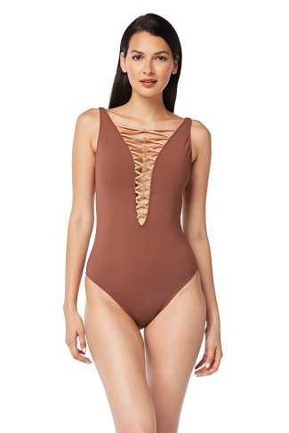 CHOCOLATE TRUFFLE/ROSE GOLD Lace Up Plunge One Piece Swimsuit