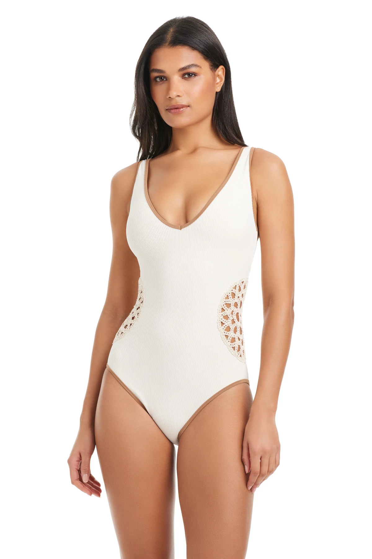 WHITE SAND Crochet Cutout One Piece Swimsuit image number 1