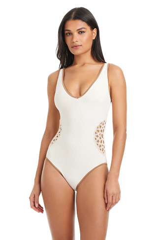 WHITE SAND Crochet Cutout One Piece Swimsuit