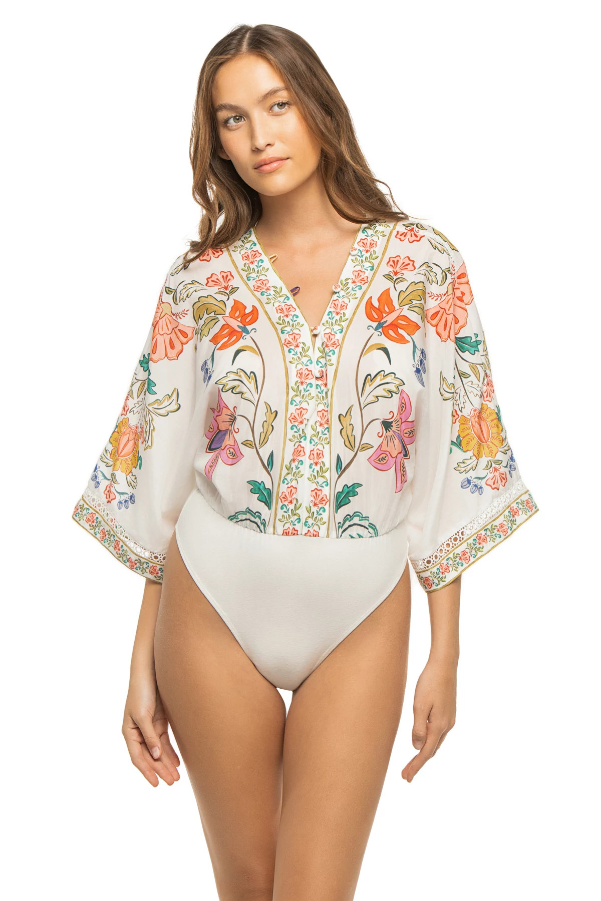 FLORAL INSECTS OFF-WHITE Long Sleeve Floral Bodysuit image number 1