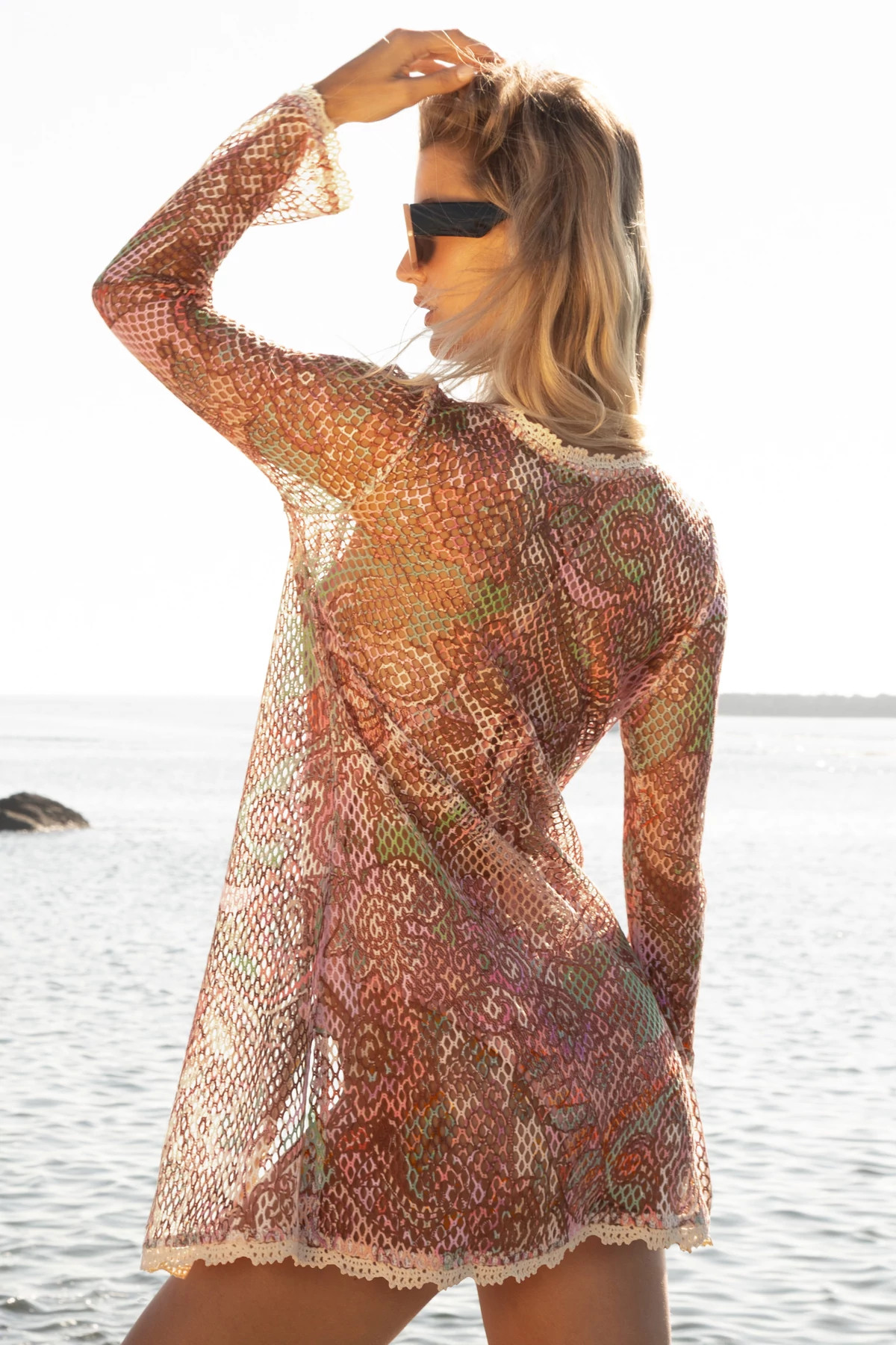 BASIL CROCHET Crochet Open Weave Bell Sleeve Kimono image number 6