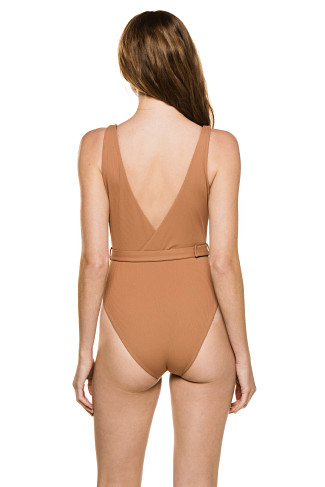 MOCHA Michelle Rib Belted Plunge One Piece Swimsuit