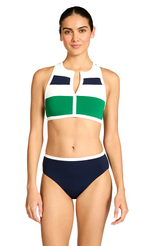 NAVY/GRASS/CREAM Jacqui High Neck Split Bikini Top