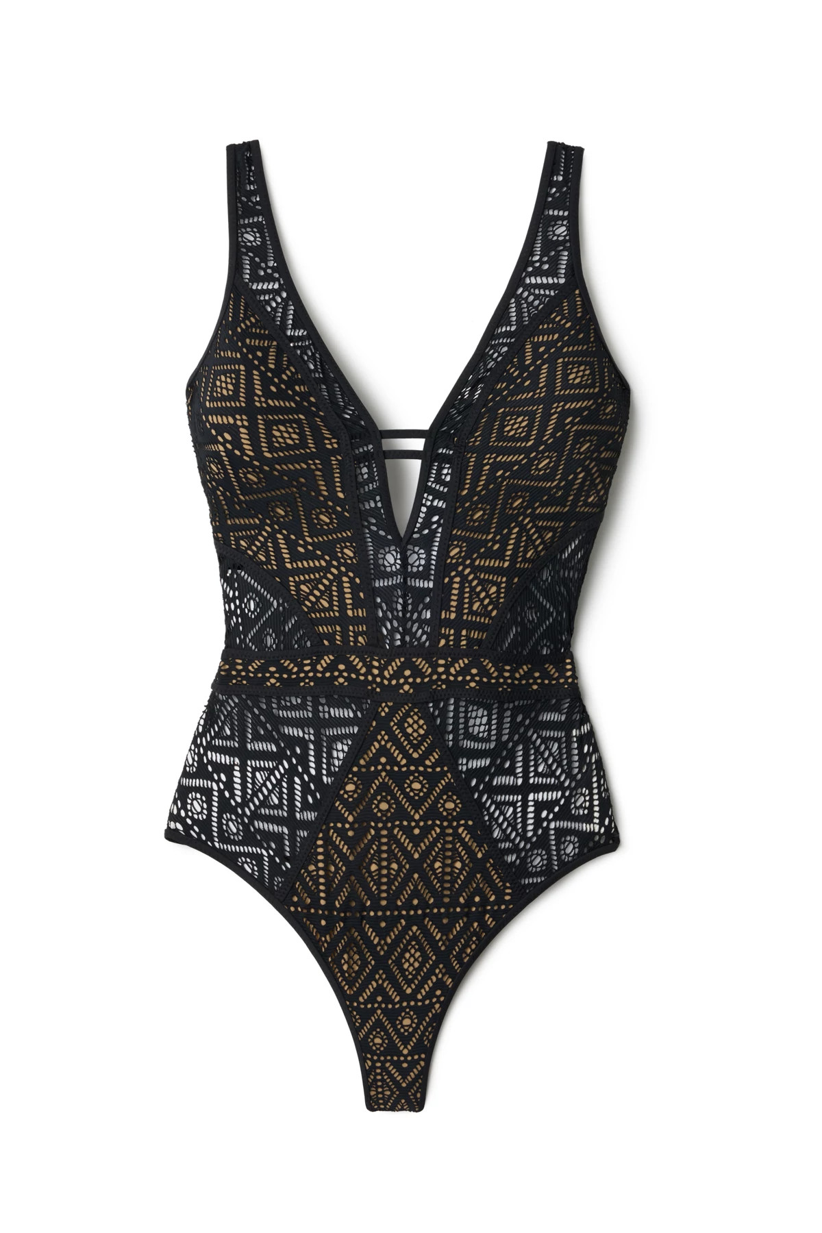 BLACK/TAN Show & Tell Plunge One Piece Swimsuit image number 5