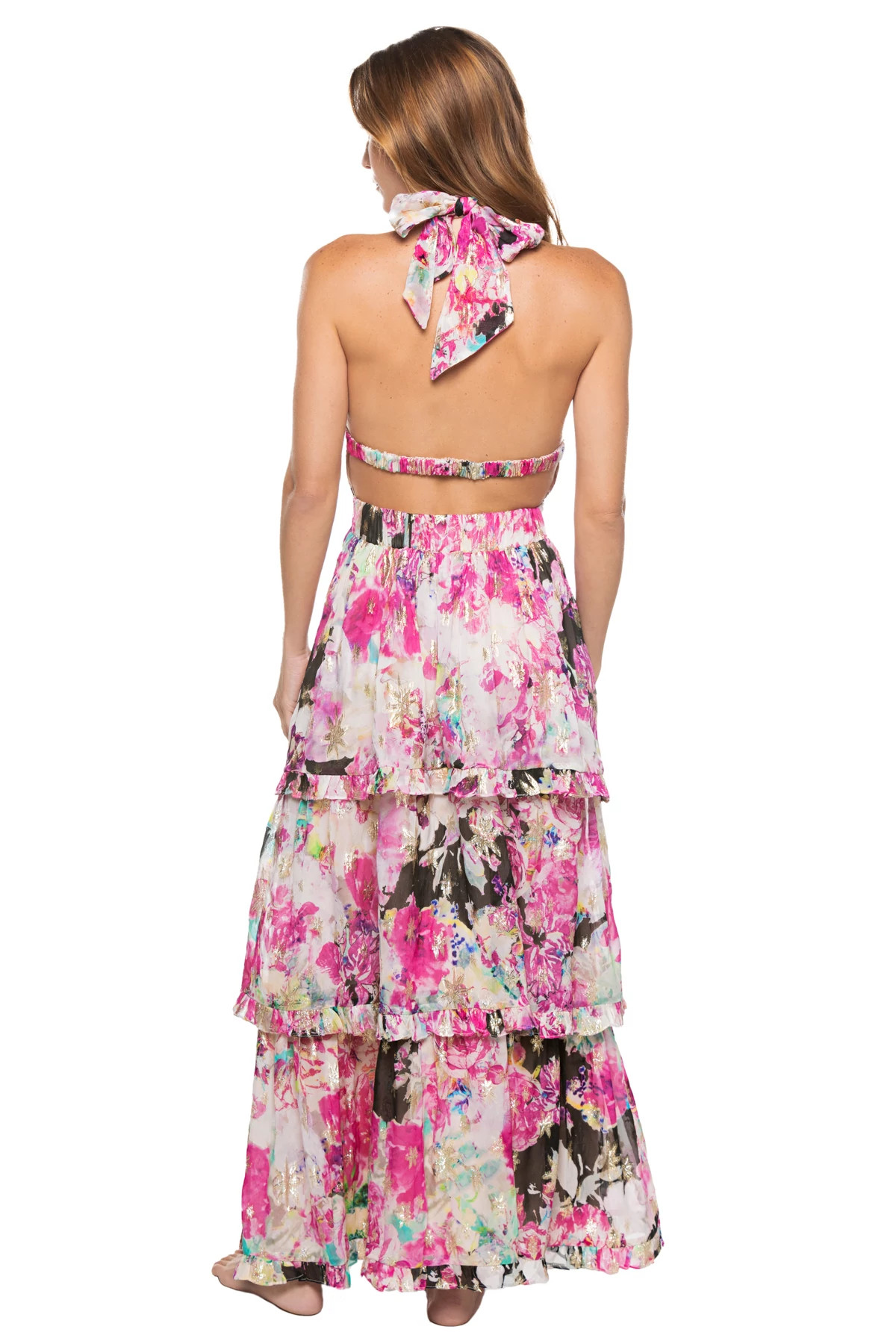 BLACK AND PINK Metallic Floral Halter Maxi Dress image number 2