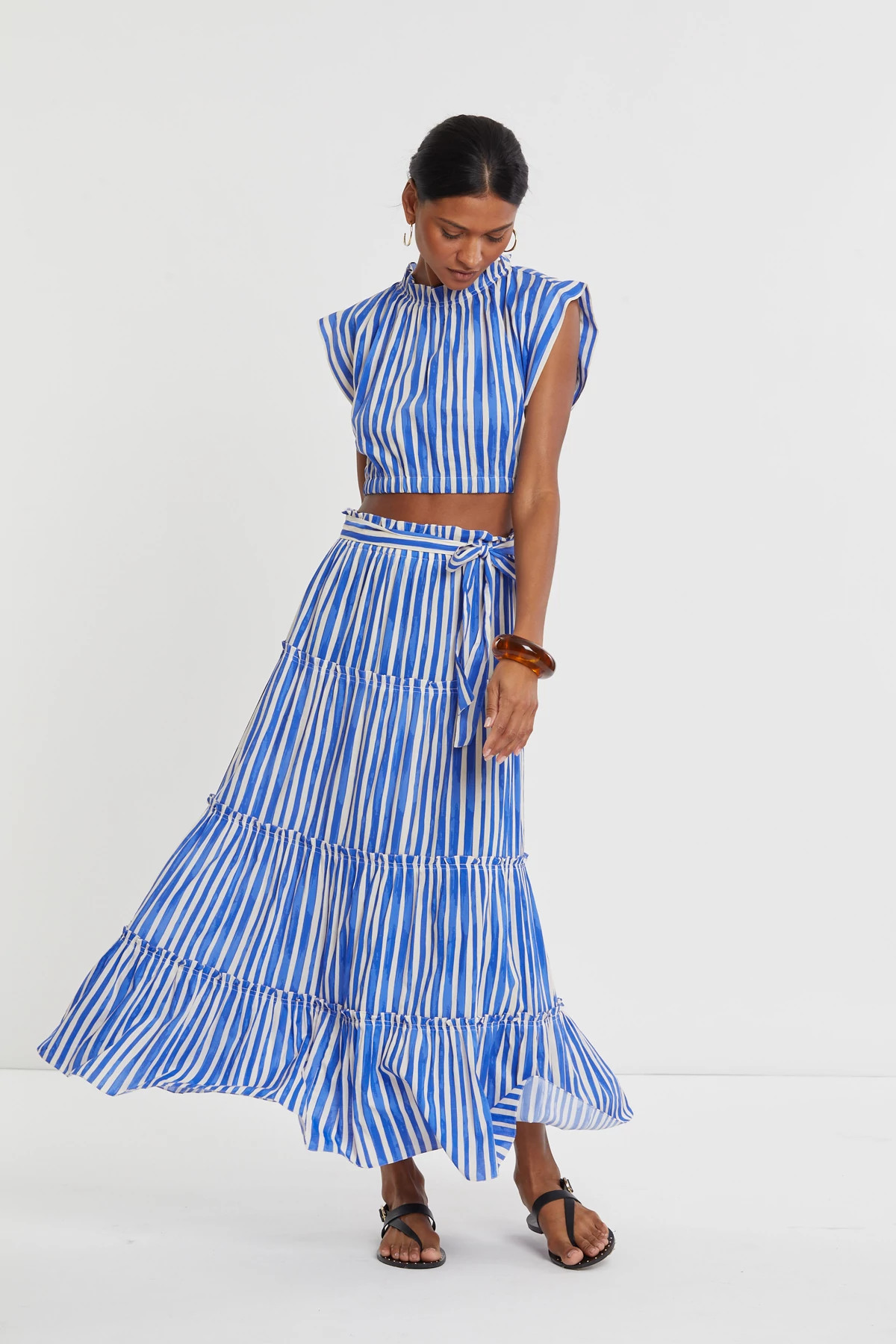 QEBA BLUE Sanaa Striped Tiered Maxi Skirt image number 3