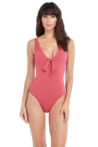 DEEP CORAL Tie Front Rib One Piece Swimsuit
