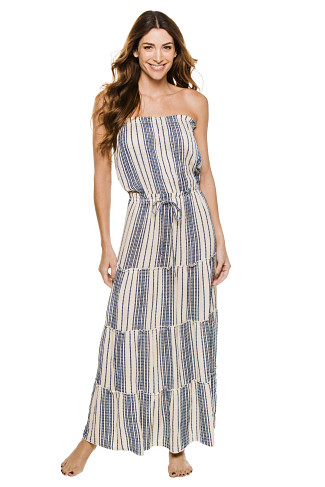 WHITE/AZURE Stripe Strapless Maxi Dress