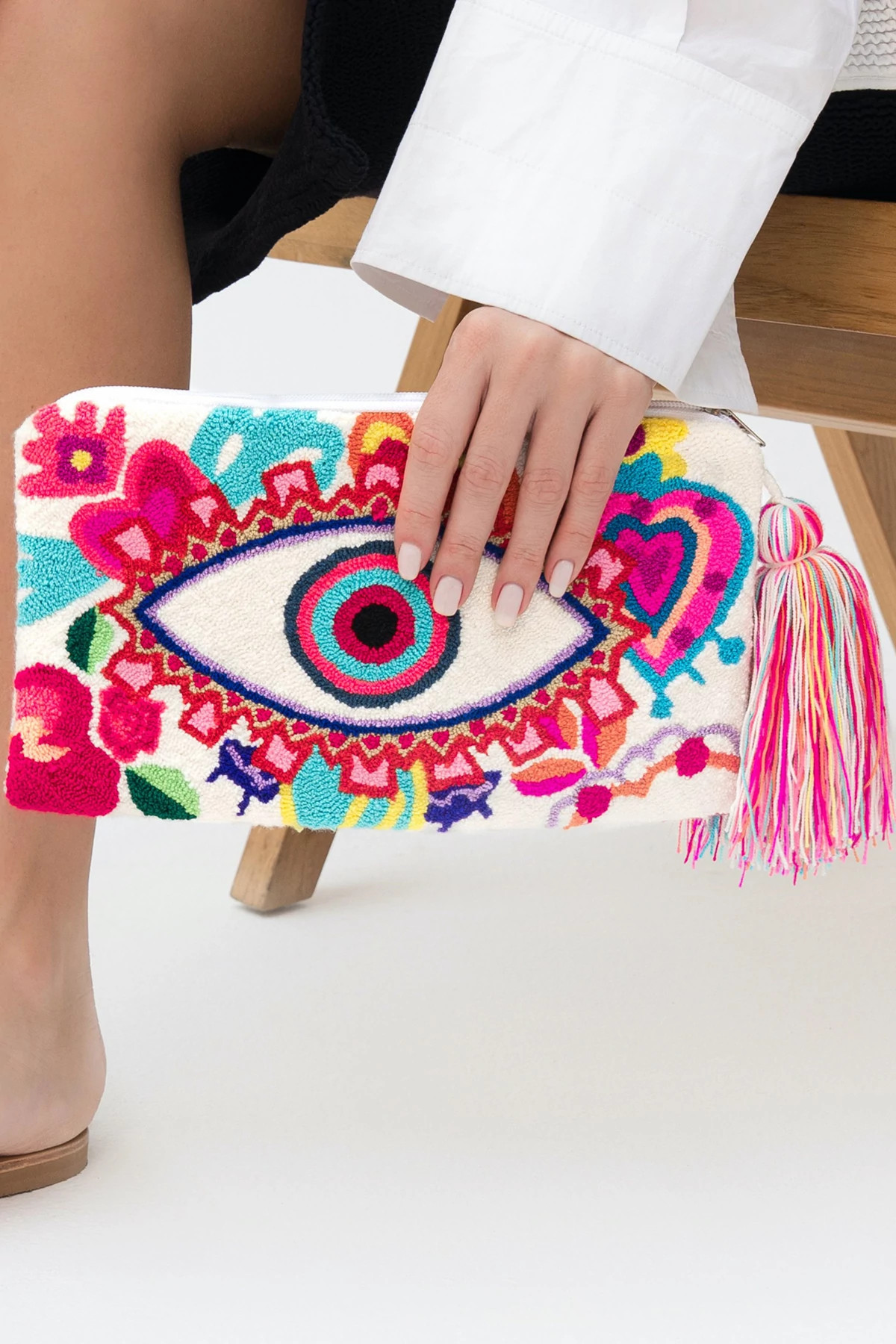 WHITE Evil Eye Embroidered Clutch image number 2
