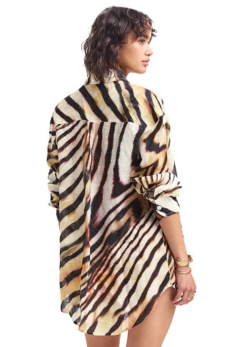 SHELL STRIPE Playa Linen Button Down Shirt Dress