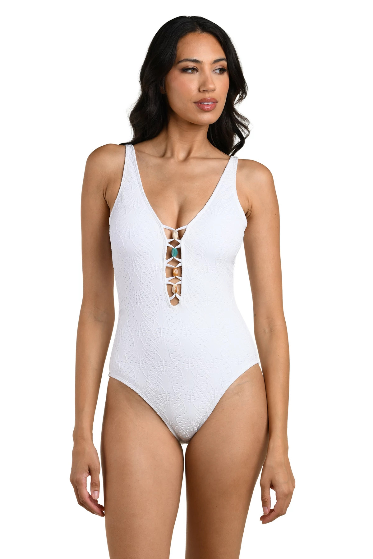 WHITE Shellbound Plunge One Piece Swimsuit image number 1