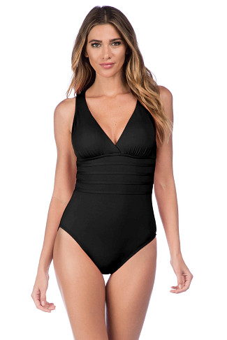 BLACK V-Neck Over The Shoulder One Piece Swimsuit