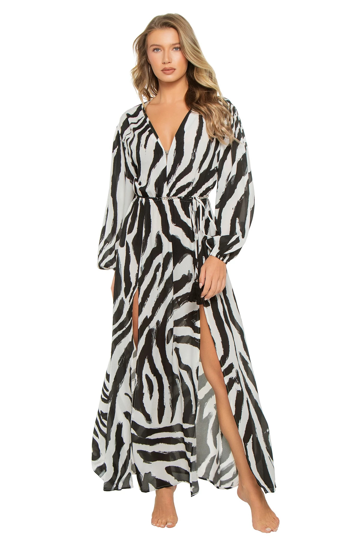 BLACK Sara Zebra Print Maxi Caftan Dress image number 1