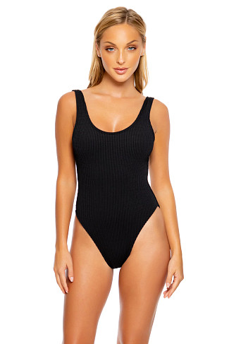 BLACK Ribbed Over The Shoulder One Piece Swimsuit