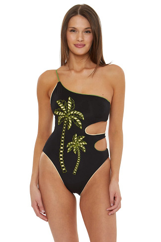 BLACK Embroidered Asymmetrical One Piece Swimsuit