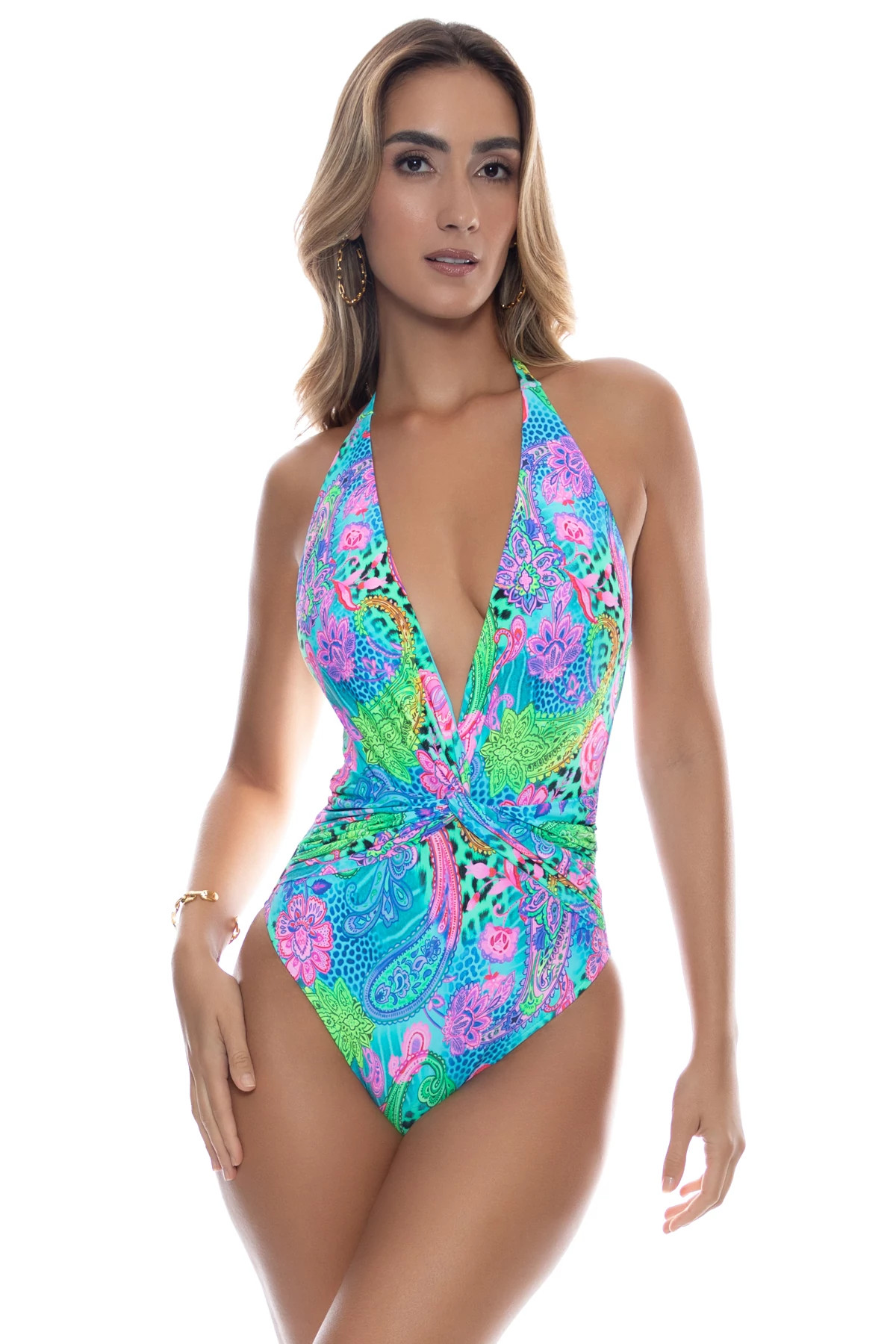 MULTI Seaglass Fantasy Plunge One Piece Swimsuit image number 1