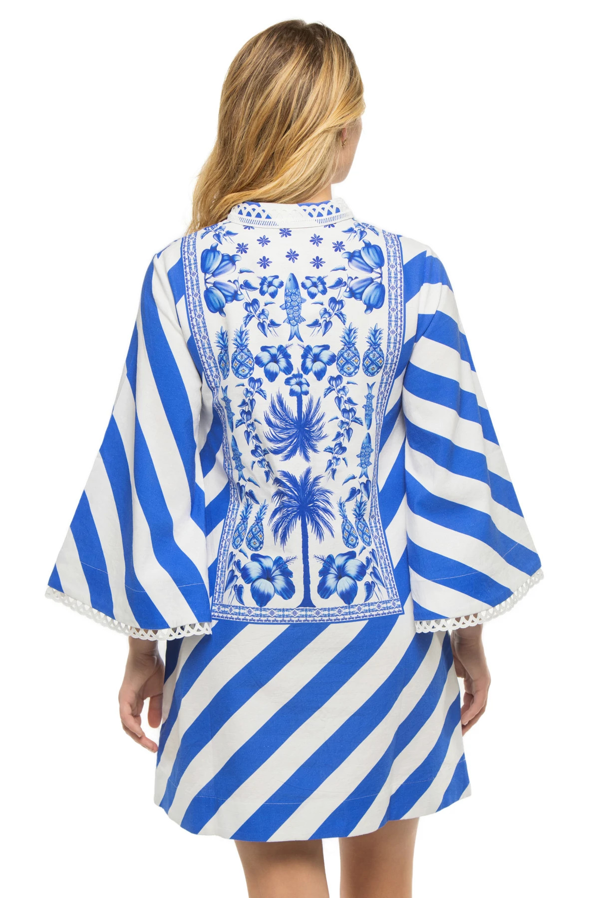 BLUE AND WHITE PALM AZULEJOS PANEL Anj Mini Kaftan Dress image number 2