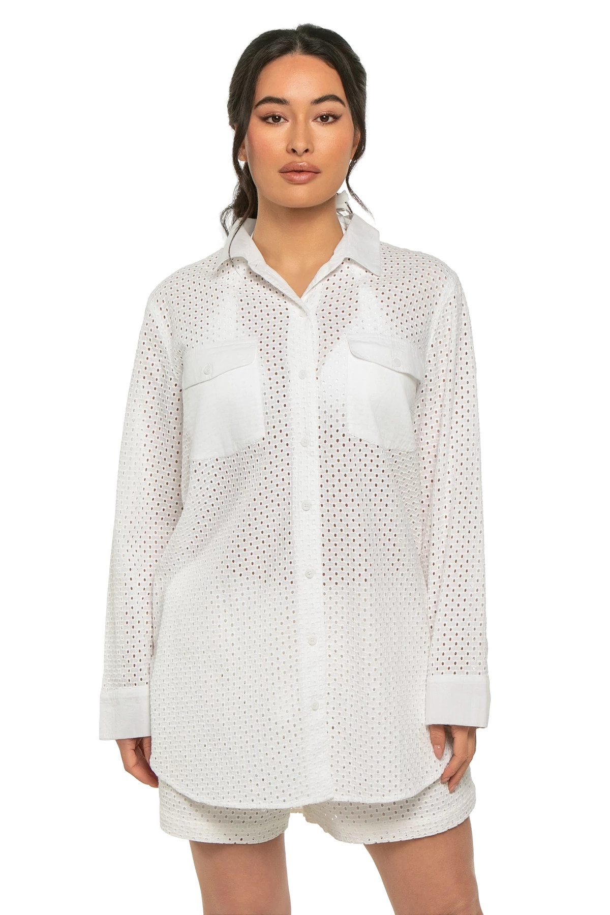 WHITE Eyelet Cove Boyfriend Shirt image number 1