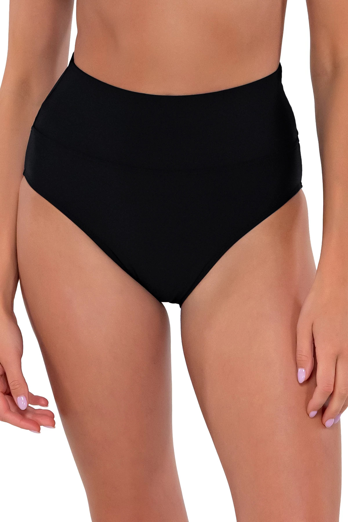 BLACK Banded Foldover High Waist Bikini Bottom image number 1