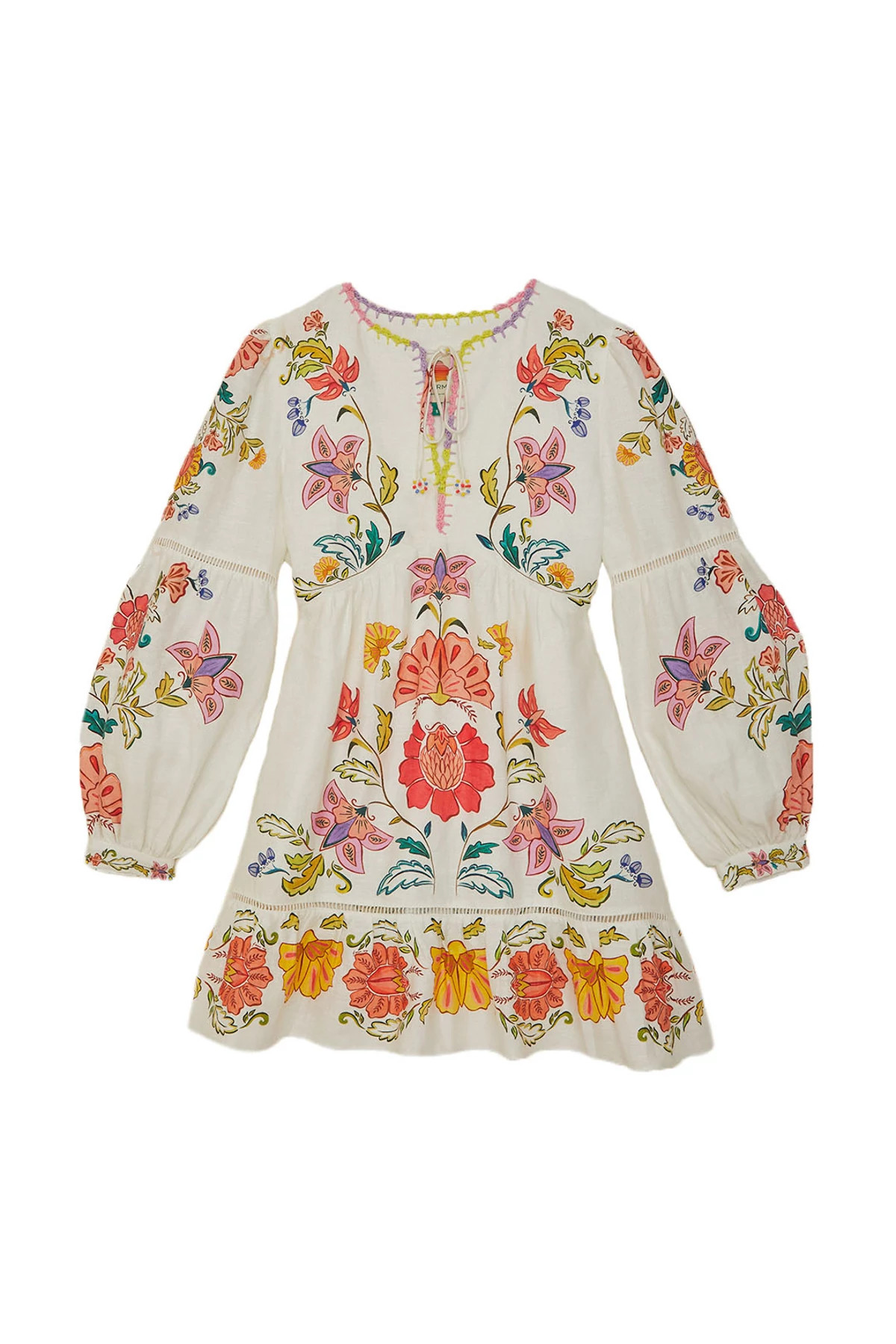 FLORAL INSECTS OFF-WHITE Long Sleeve Floral Mini Dress image number 4