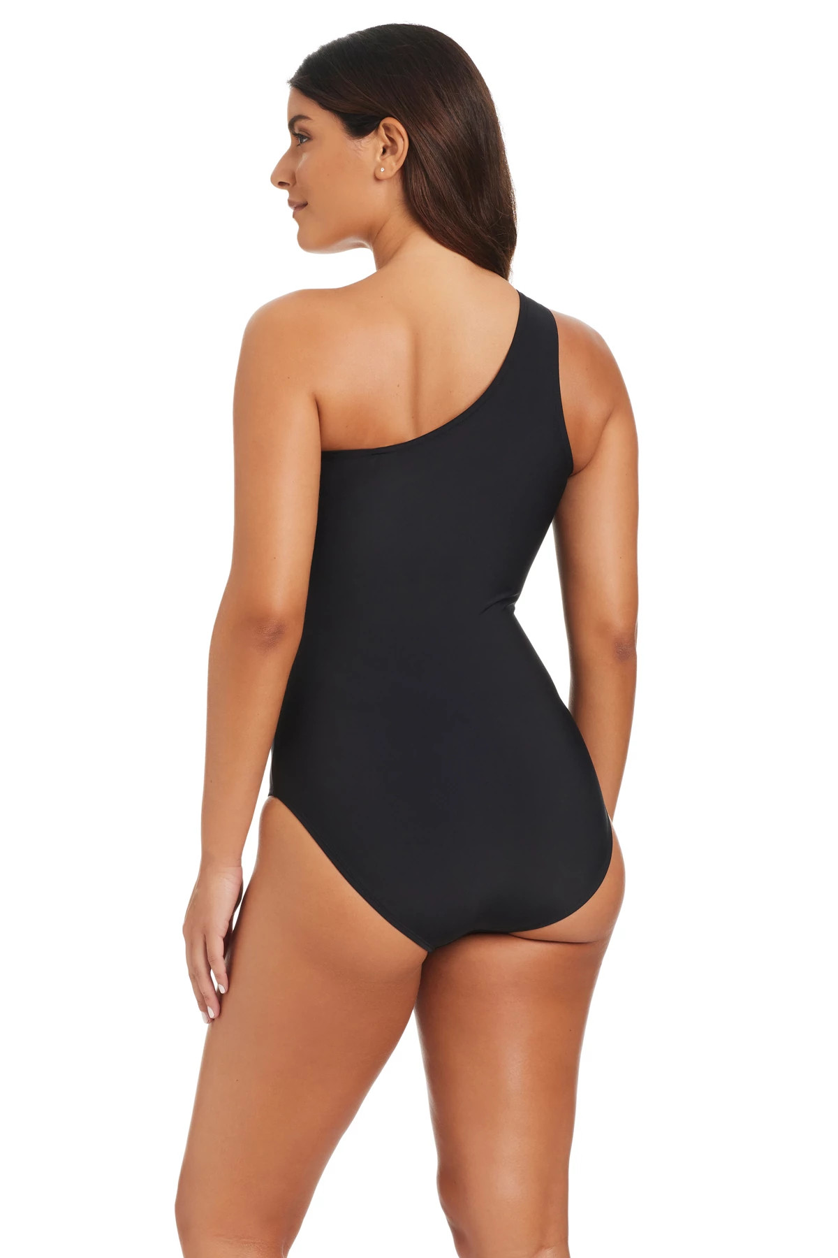 BLACK Leather Asymmetrical One Piece Swimsuit image number 2